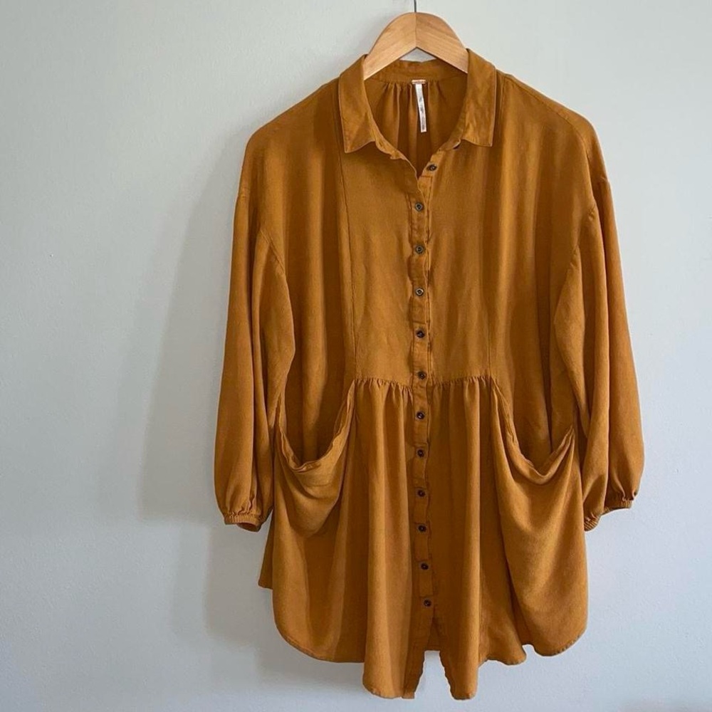 Free People Yellow Button Down Shirt with Notched Collar
